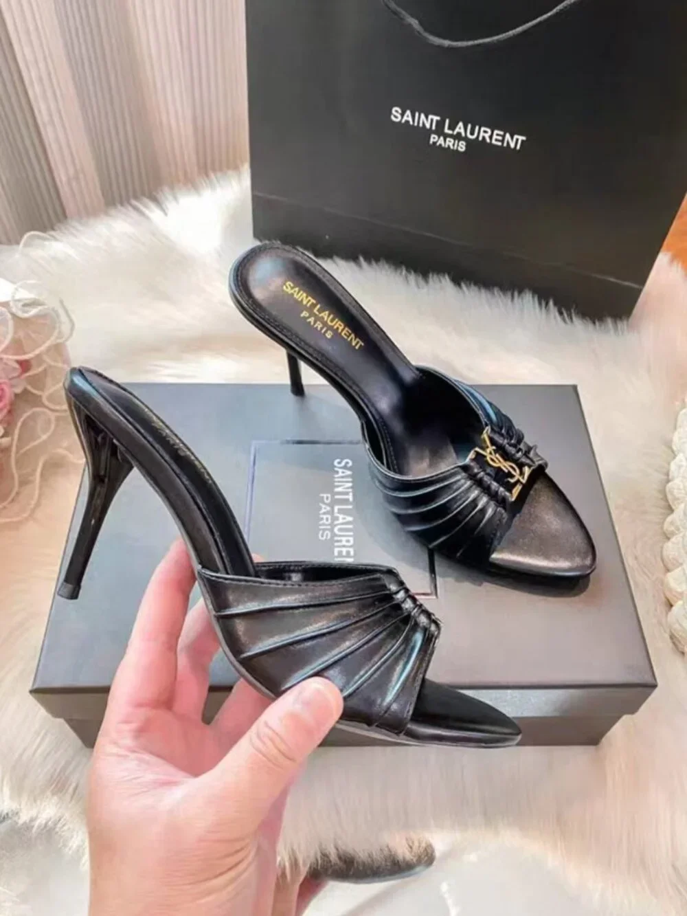 Saint Laurent YSL Black Ruched Leather Stiletto Mule Slides